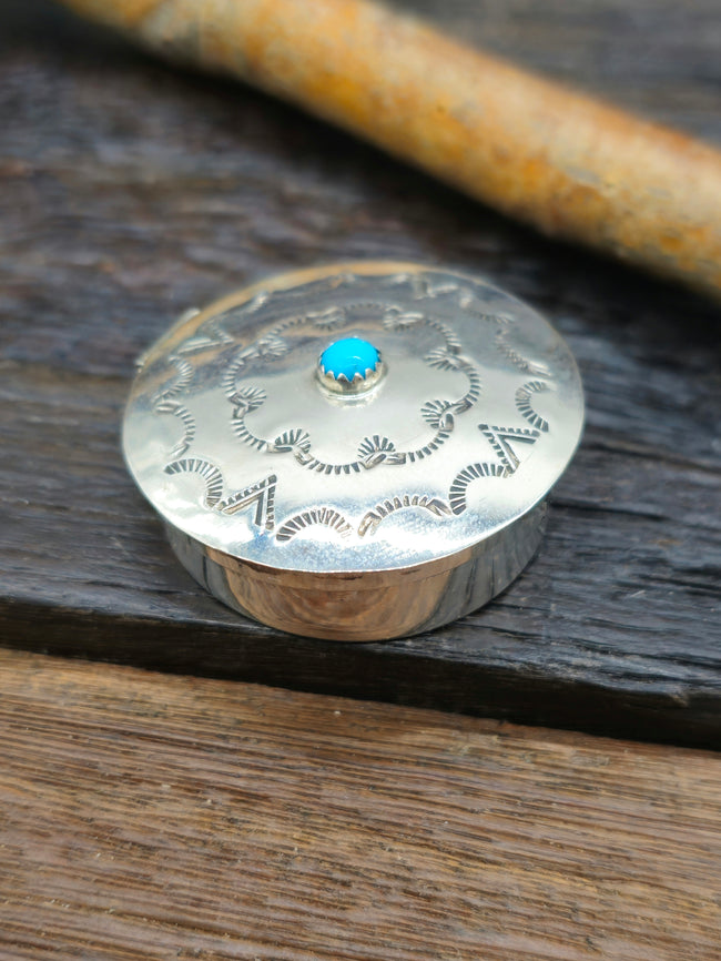 Stamped Sterling Silver Round Pill Case with Turquoise by Jeffrey Castillo