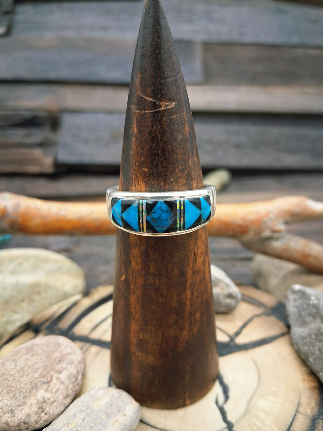 Sterling Silver Turquoise Black Onyx Fire Opal Inlay Band Ring Size 11 1/4 by Rick T.