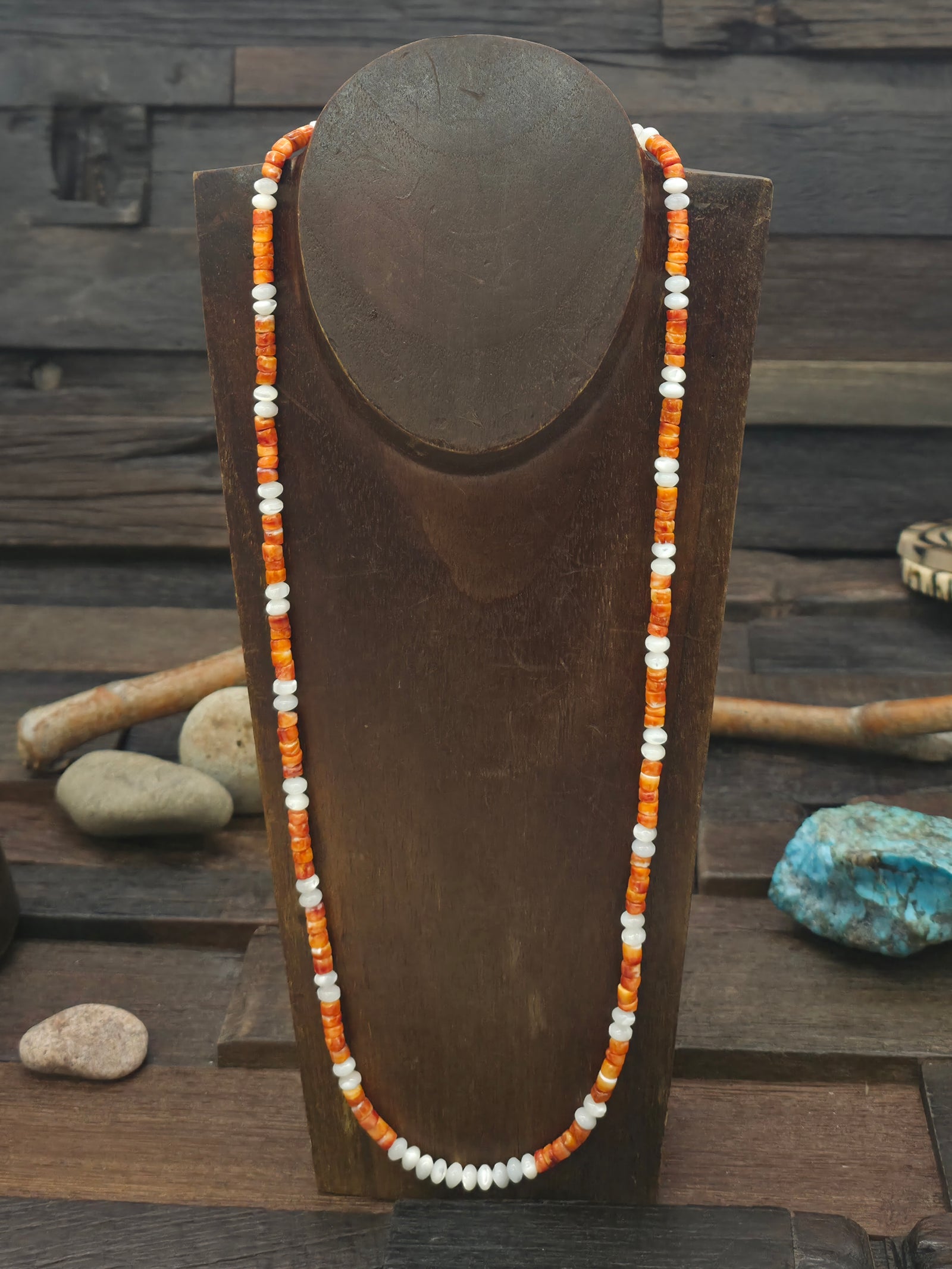 Mother of Pearl and Orange Spiny Bead Necklace by Fred Archuleta - 26 in.
