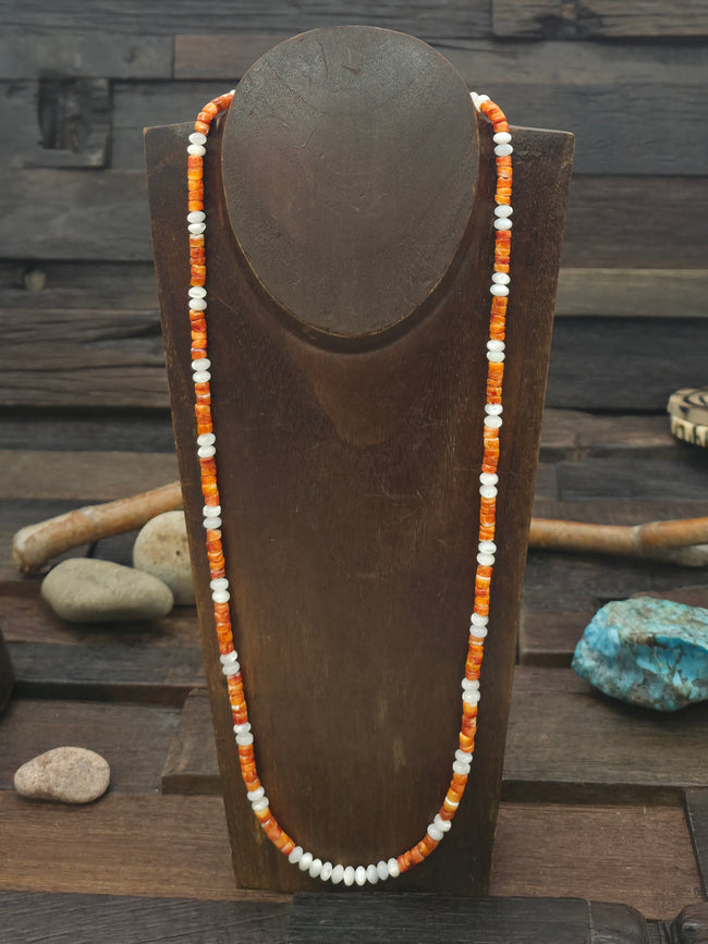 Mother of Pearl and Orange Spiny Bead Necklace by Fred Archuleta - 26 in.