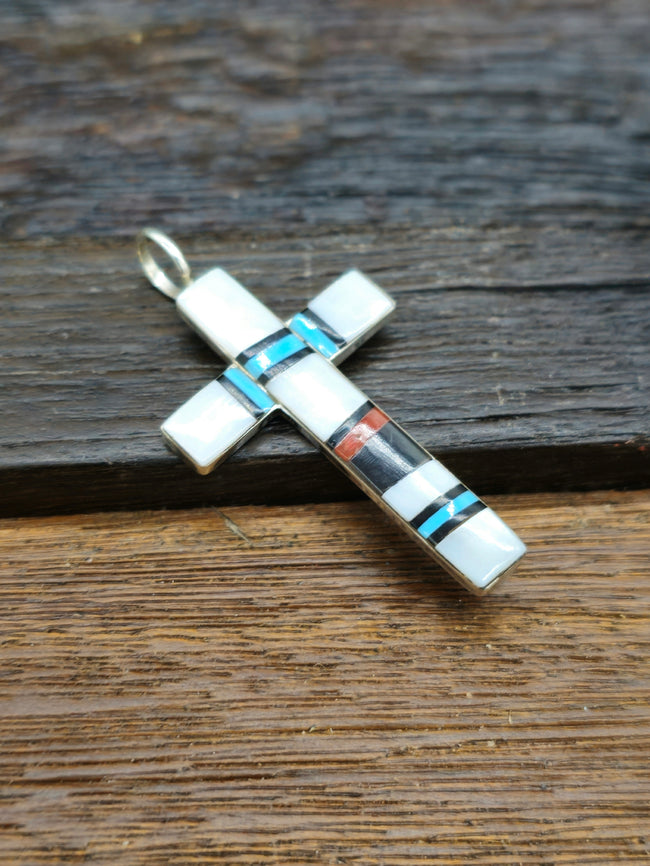 Zuni Multistone Inlay Cross Pendant by Bobby Sanchez - 2 by 1 in.