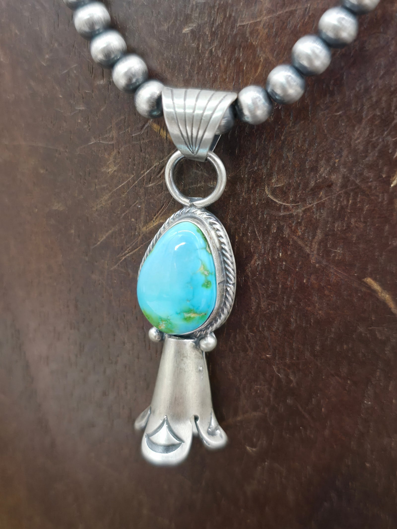 Sterling Silver Blue Sonoran Turquoise Squash Blossom Pendant on Navajo Pearls by Sharon McCartney - 16 in.