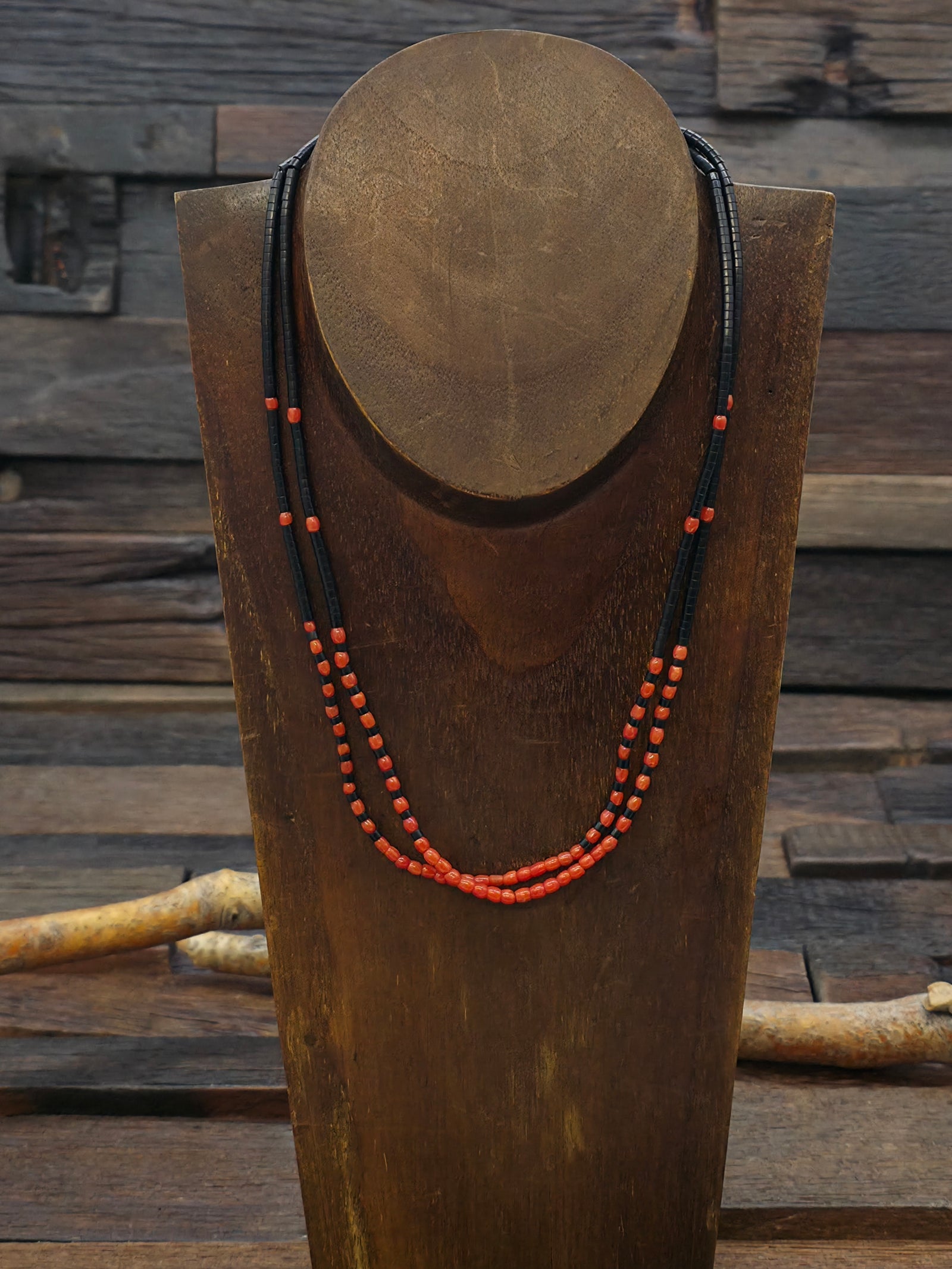 Two Strand Coral and Jet Necklace by Pablita Bailon - 18 in.