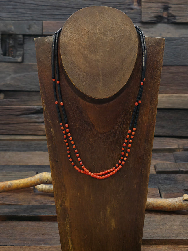 Two Strand Coral and Jet Necklace by Pablita Bailon - 18 in.