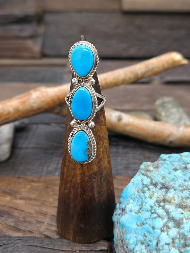 Sterling Silver Kingman Turquoise Three Stone Ring by Marcella James - Size 6 1/2