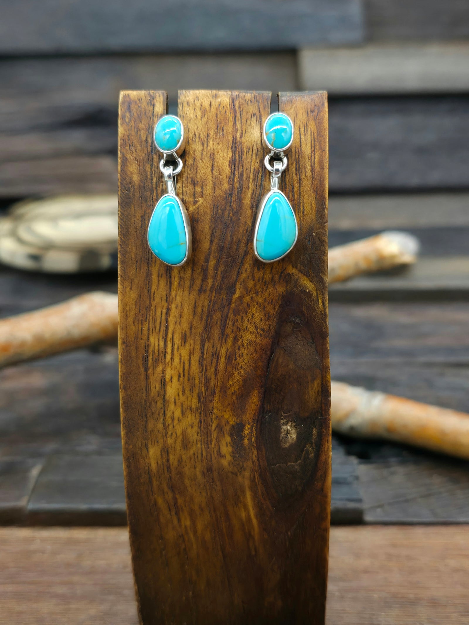 Two Stone Blue Turquoise Sterling Silver Post Dangle Earrings