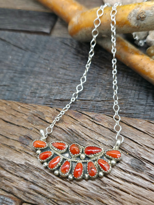Sterling Silver Coral Half Cluster Bar Necklace - 20 in.