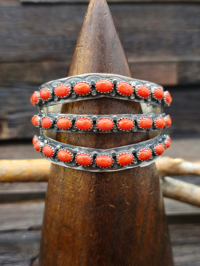 Three-Row Stamped Sterling Silver Coral Cuff - 6 1/2 in.