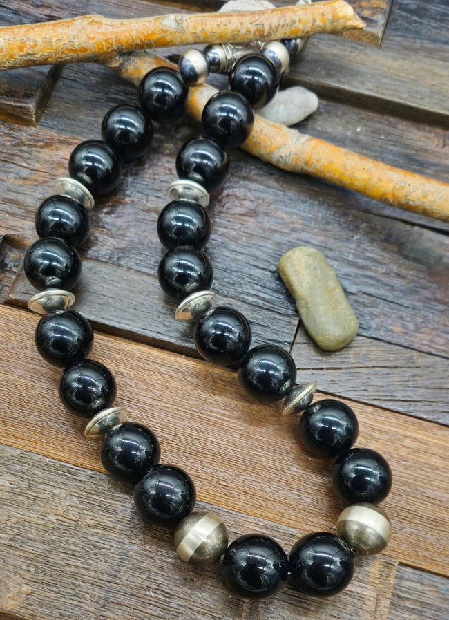 Sterling Silver and Black Onyx Bead Necklace by Fred Archuleta - 26 in.