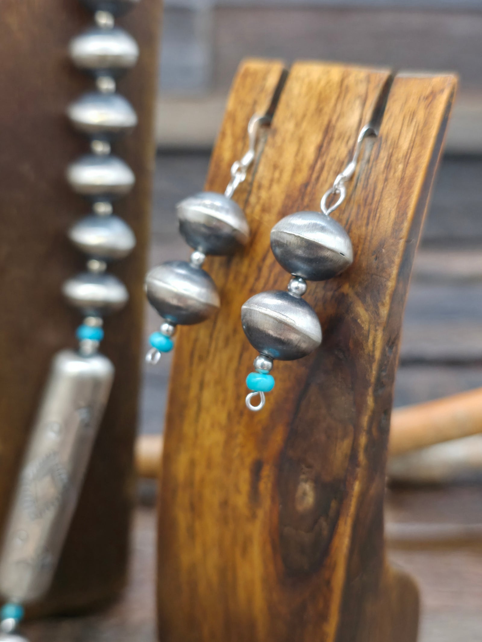 Stamped Sterling Silver and Blue Turquoise Bead Necklace and Earring Set by Sharon Cooley - 32 in. with 4 in. Drop