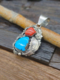 Turquoise and Coral Pendant with Sterling Silver Leaf and Flower by Beeda Lee
