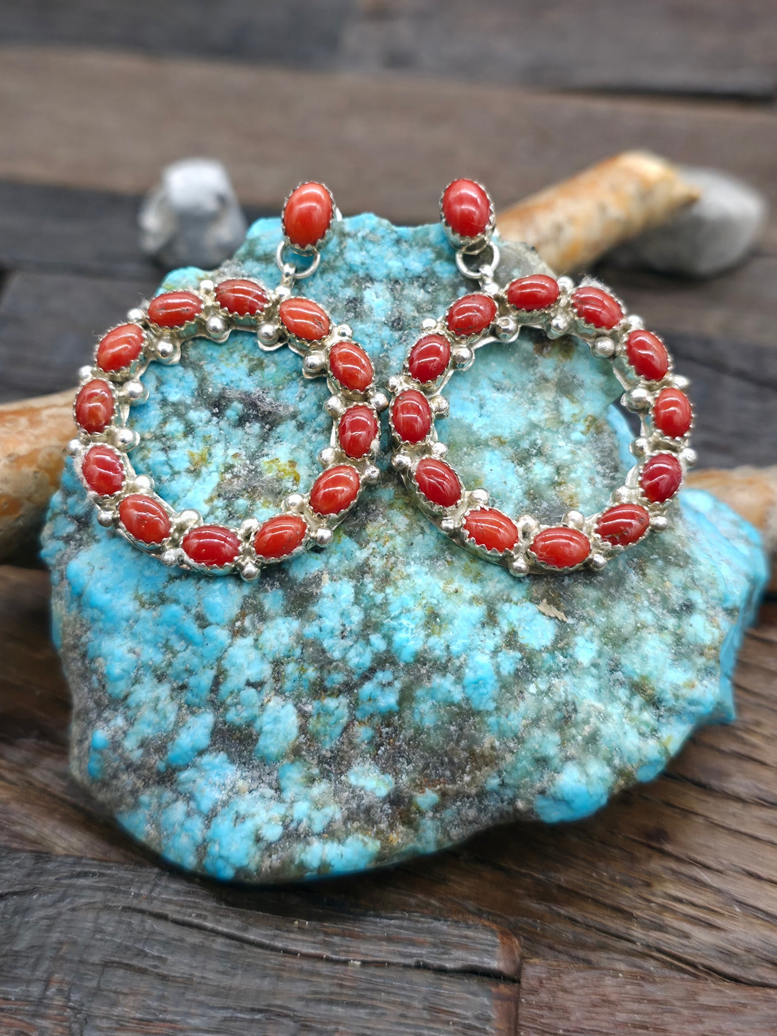 Sterling Silver Coral Hanging Hoop Post Earrings