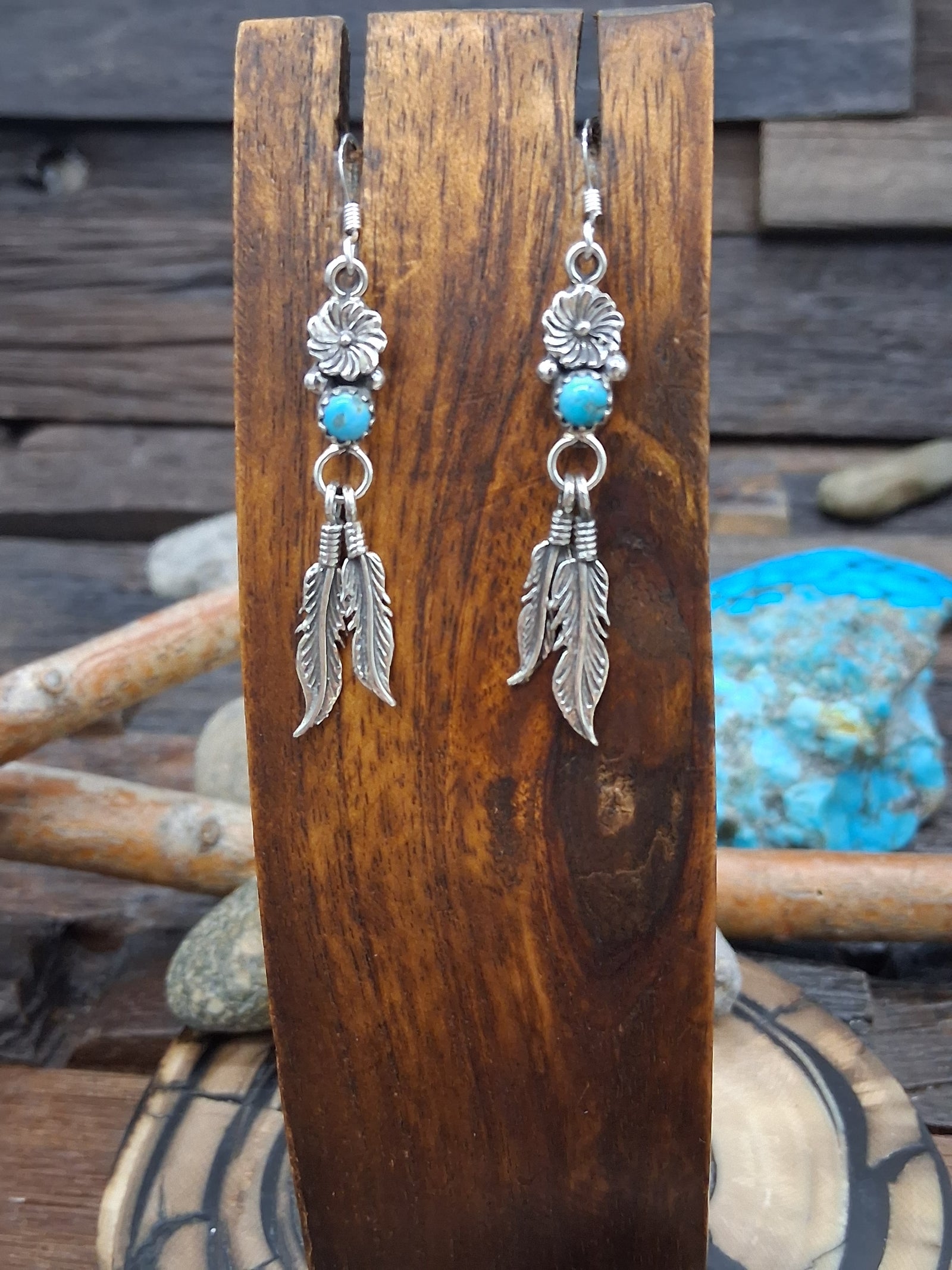 Turquoise and Sterling Silver Flower and Feather Earrings by Sharon McCarthy