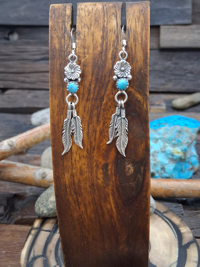 Turquoise and Sterling Silver Flower and Feather Earrings by Sharon McCarthy