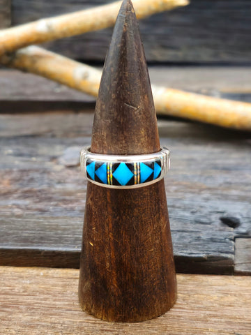 White Buffalo, Onyx, and Opal Sterling Silver Ring by Albert Topaha - Size 7 1/2