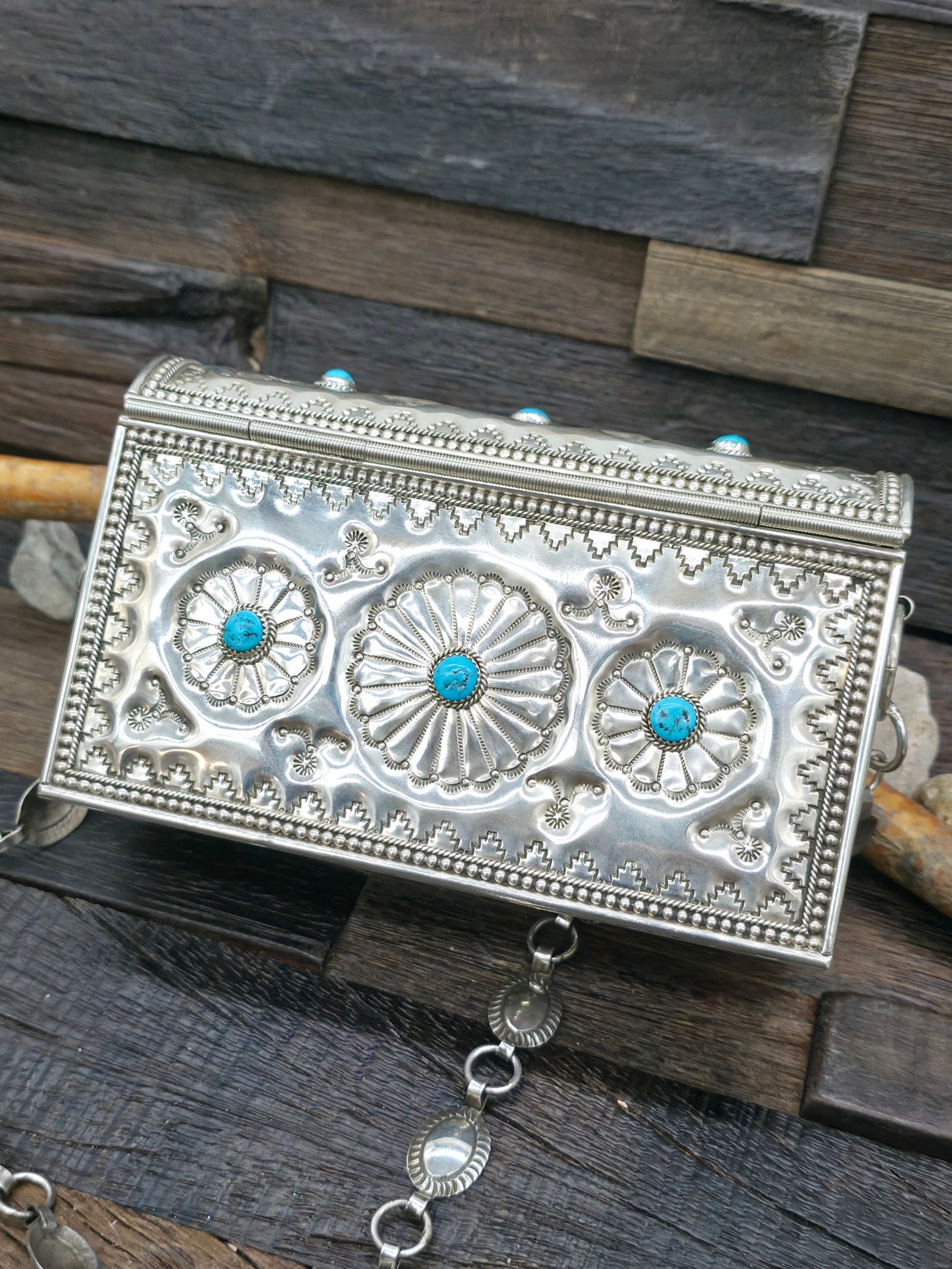Stamped Sterling Silver Kingman Turquoise Crossbody Purse by Phil Lynn and Wilford Begay - 6 in. by 2 1/2 in. by 3 3/4 in.