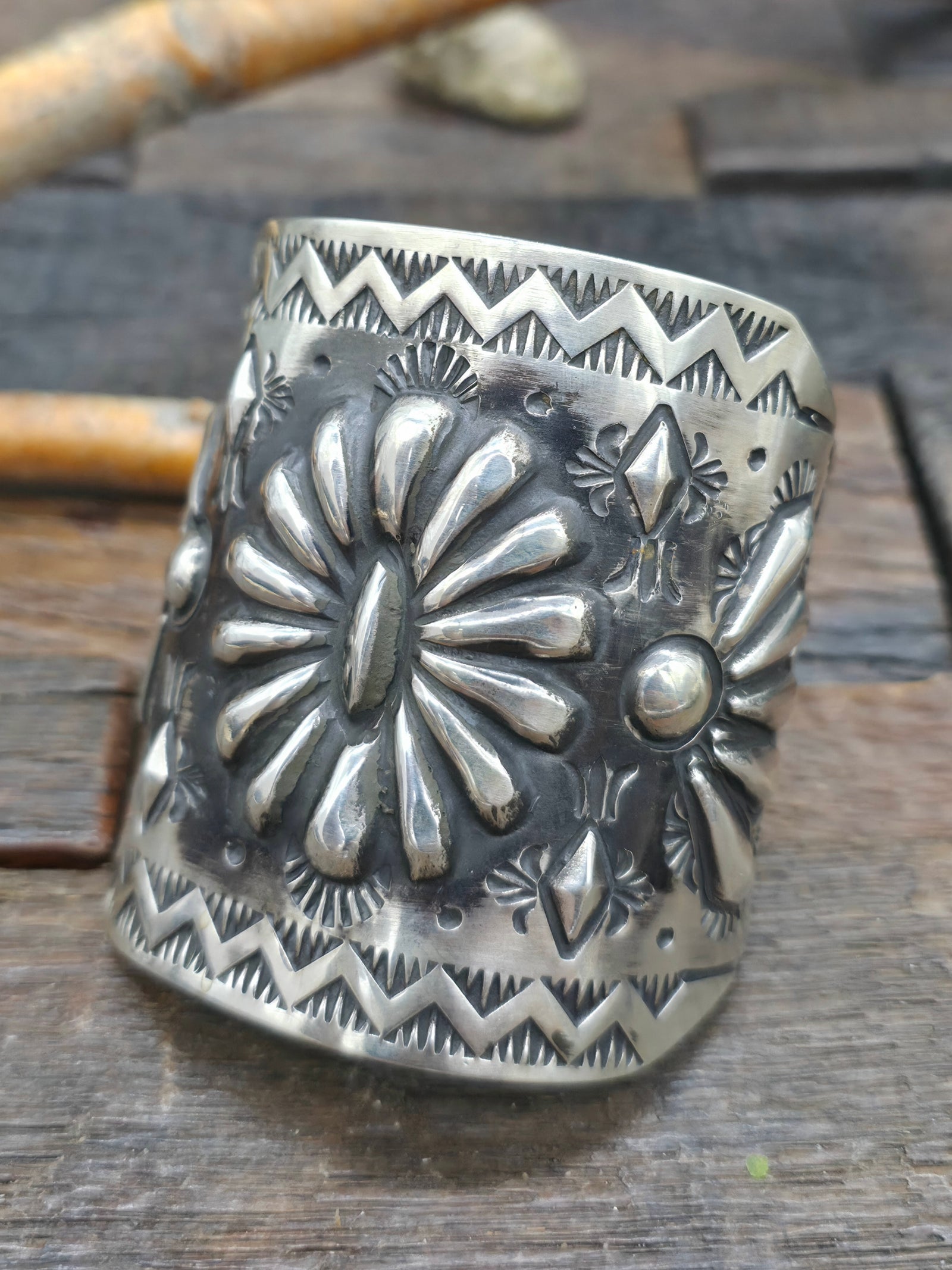 Repousse Stamped Sterling Silver Bracelet by Elvira Bill - 7 in. with Gap