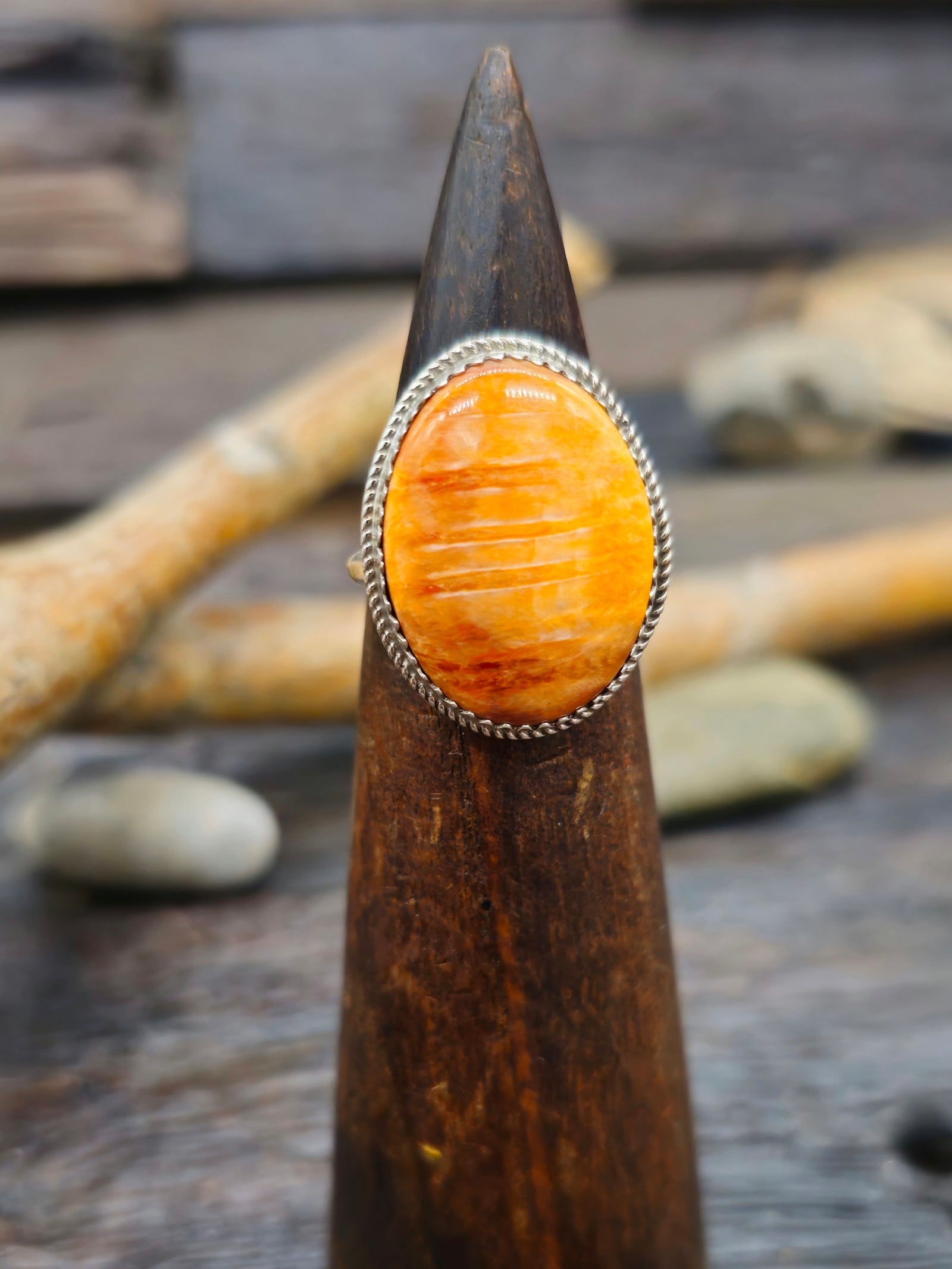 Sterling Silver and Orange Spiny Oyster Ring by Ernest Hawthorne - Size 7 3/4