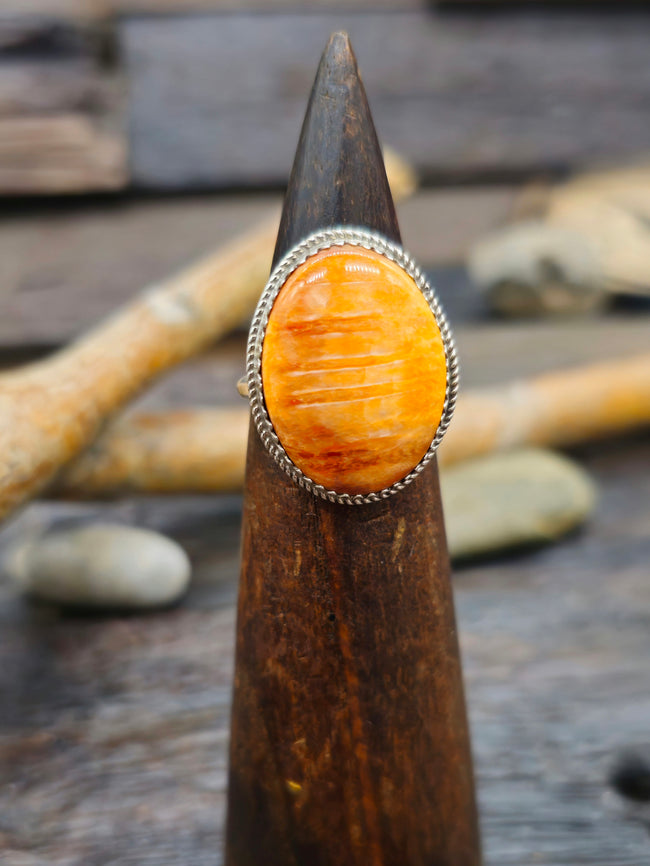 Sterling Silver and Orange Spiny Oyster Ring by Ernest Hawthorne - Size 7 3/4