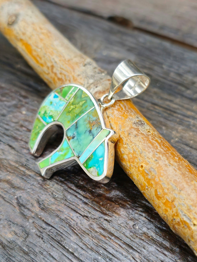 Green Turquoise Sterling Silver Inlay Bear Pendant