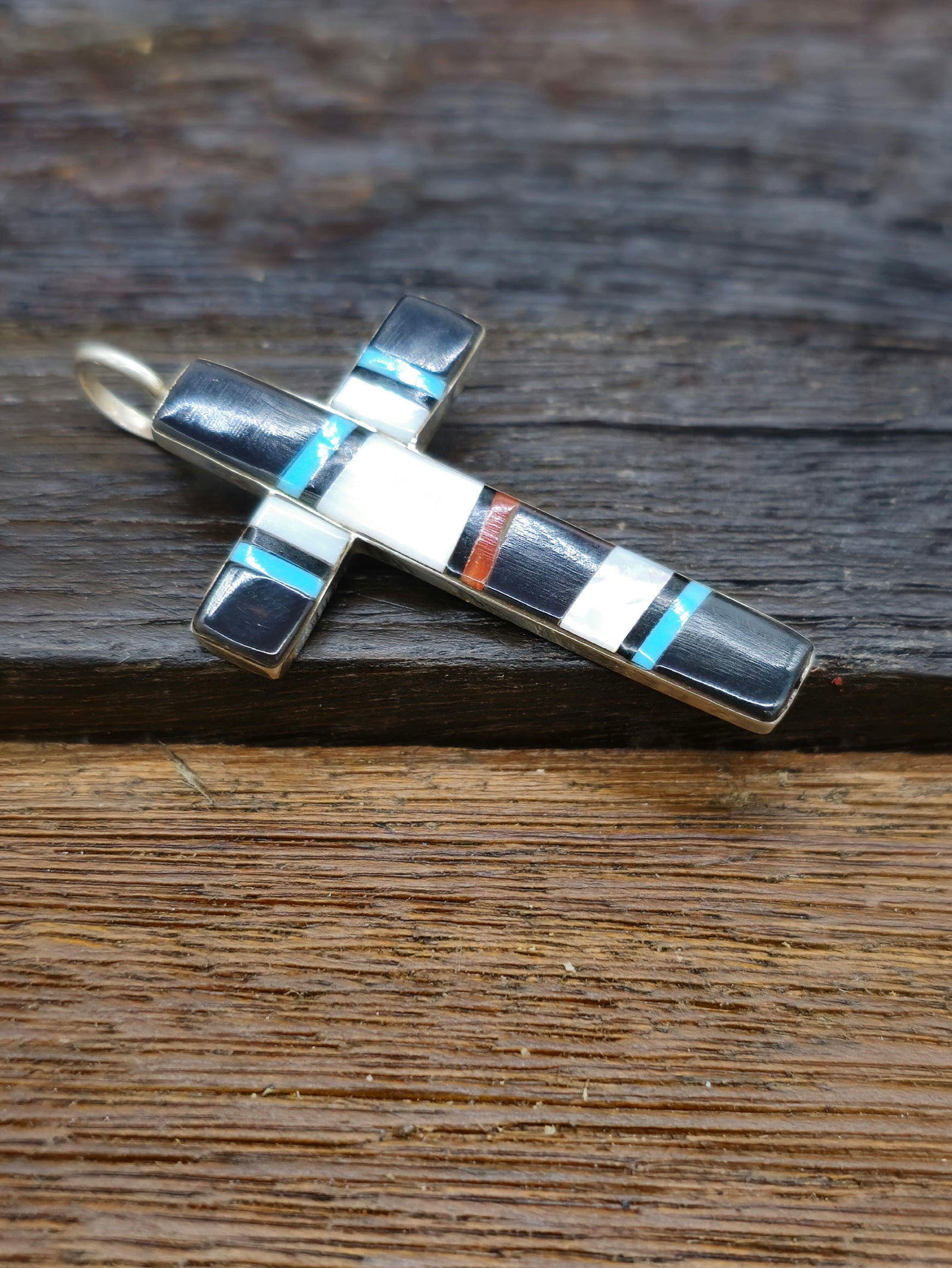 Zuni Multistone Inlay Cross Pendant by Bobby Sanchez - 2 by 1 in.