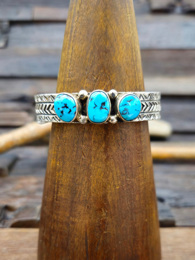 Three Stone Kingman Turquoise Stamped Sterling Silver Cuff by Jacob Troncosa - 6 1/2 in.