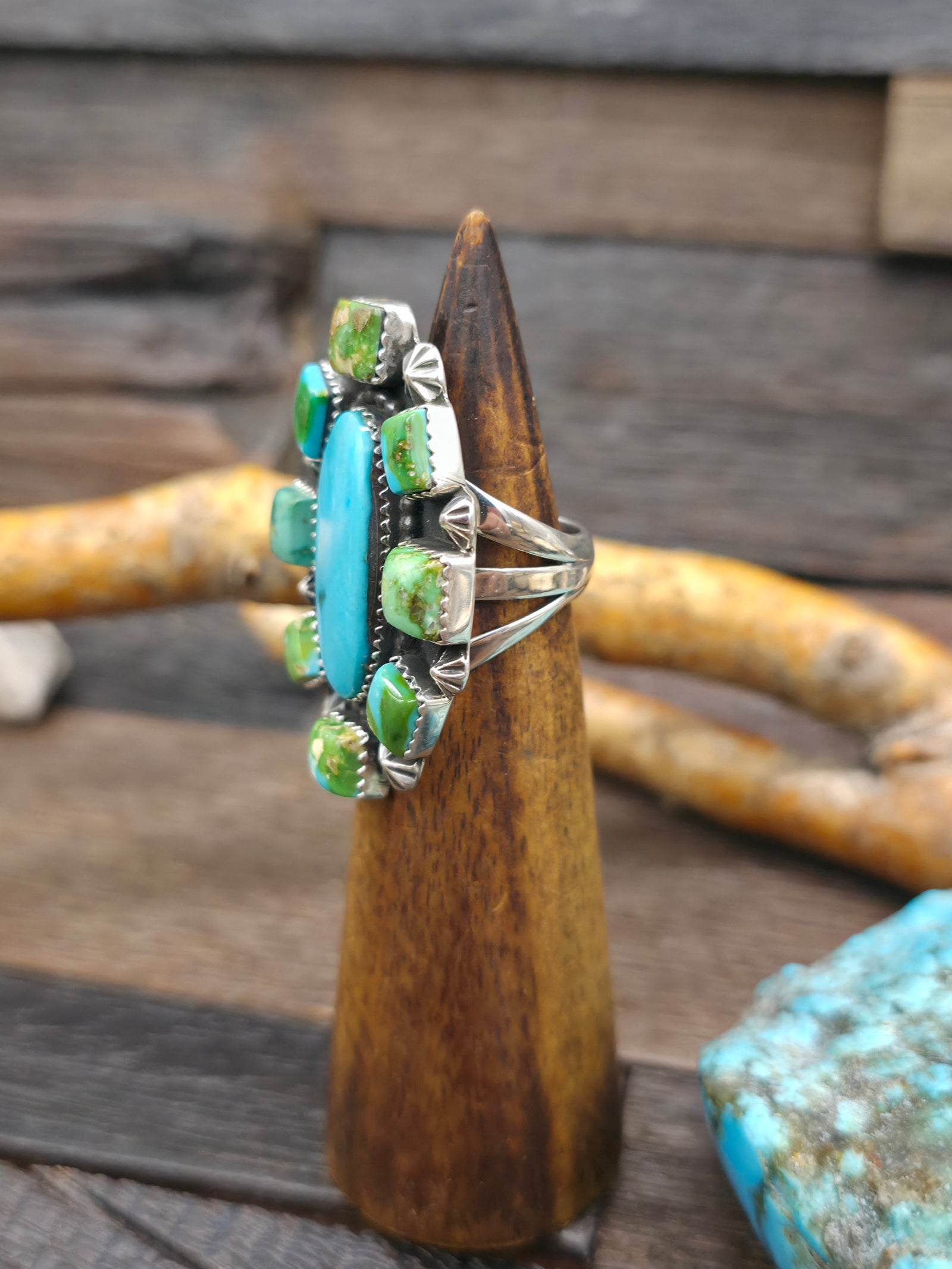 Sterling Silver Sonoran and Candelaria Turquoise Cluster Ring by Rosella Paxson - Size 8