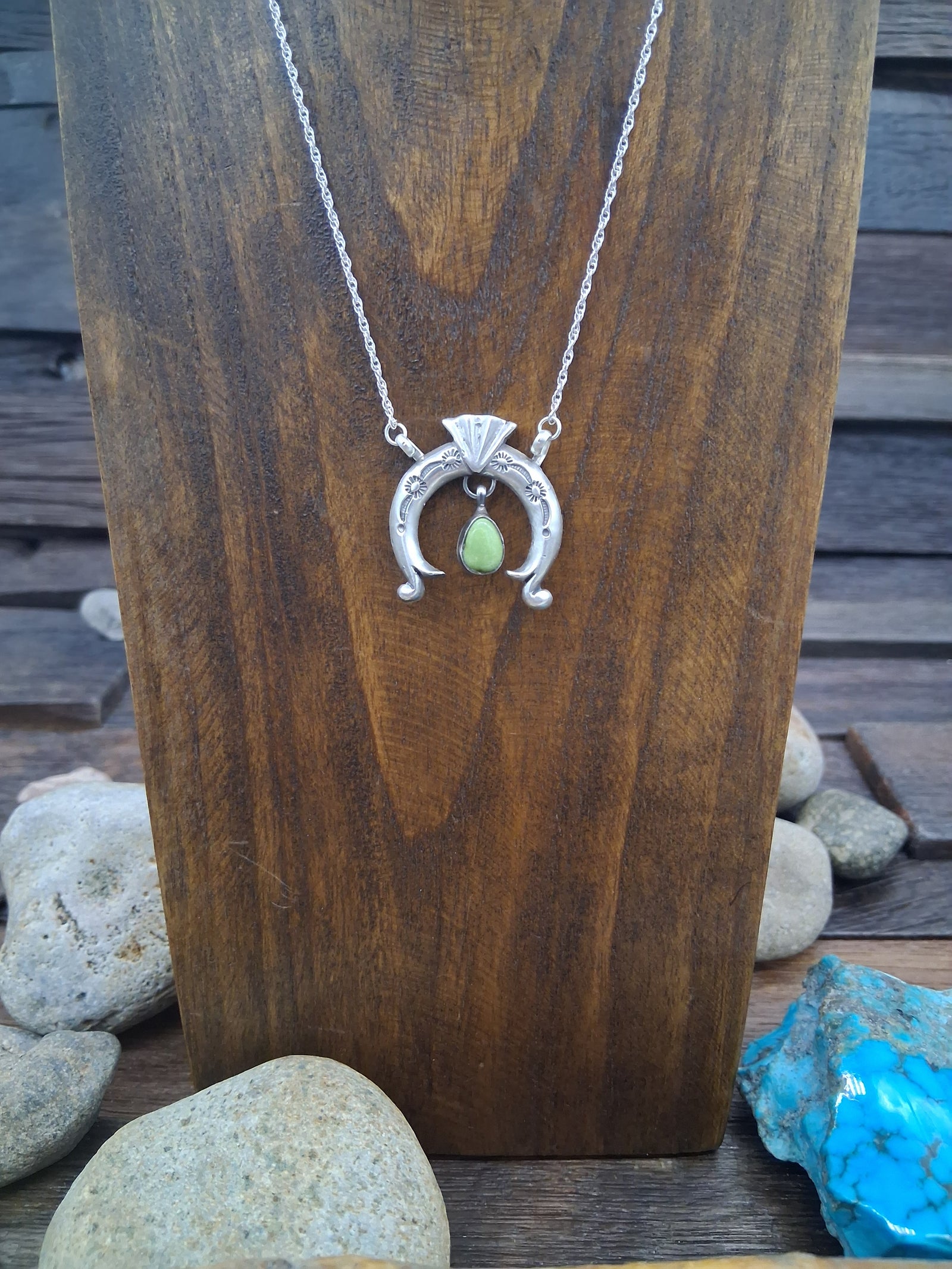 Sterling Silver Stamped Naja 18in Necklace with Green Turquoise