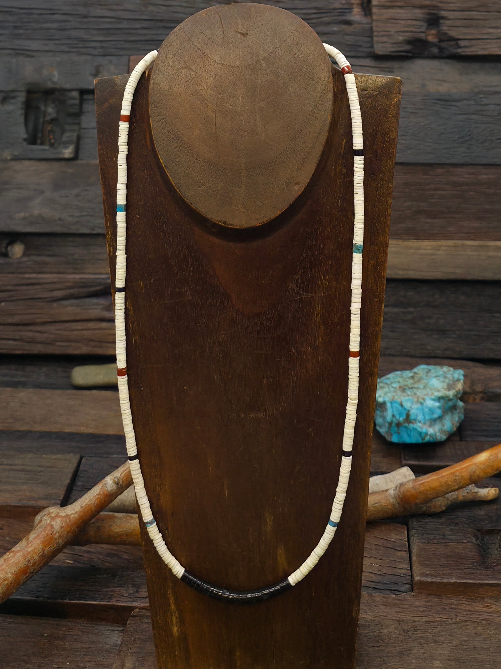 Colorblock Heishi Necklace by Torevia Crespin - Jet, Clam Shell, Pipestone - 24 in.