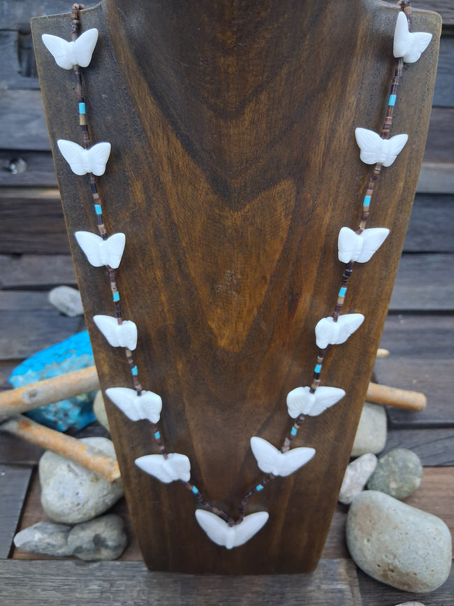 White Butterfly Olive Shell Turquoise Strand Necklace 30 in by Larry Cisca