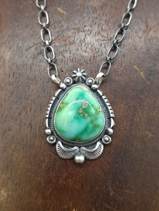 Stamped Sterling Silver and Sonoran Turquoise Pendant Necklace by Daniel Benally - 18 in.