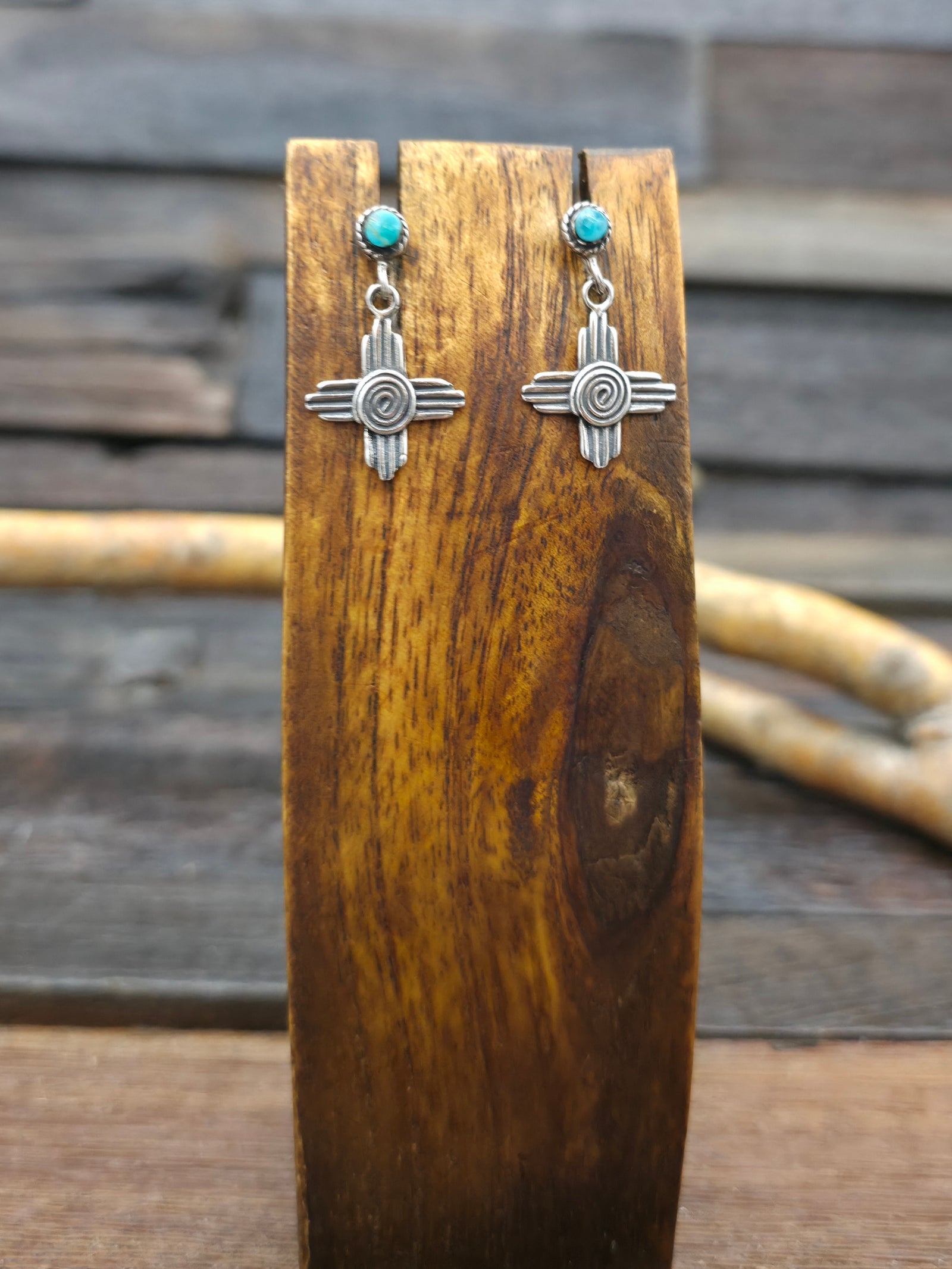 Sterling Silver Turquoise Swirl Zia Symbol Post Dangle Earrings NON NATIVE MADE