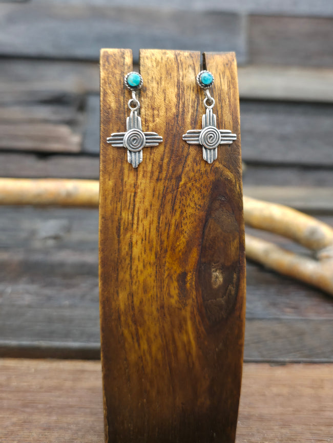 Sterling Silver Turquoise Swirl Zia Symbol Post Dangle Earrings NON NATIVE MADE