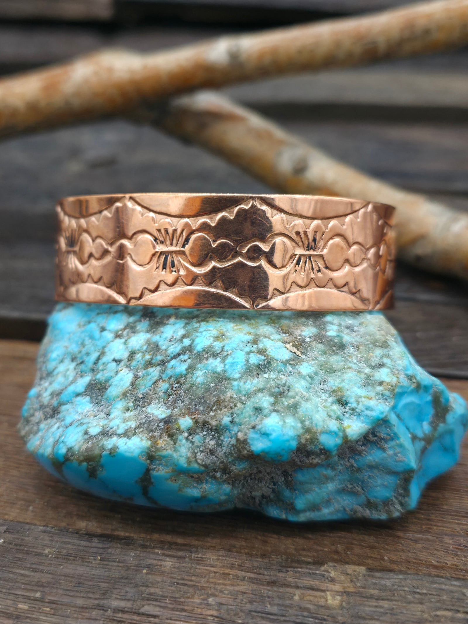 Stamped Copper Cuff by Elaine Tahe - Circles and Prongs Design - 7 1/8 in. w/gap