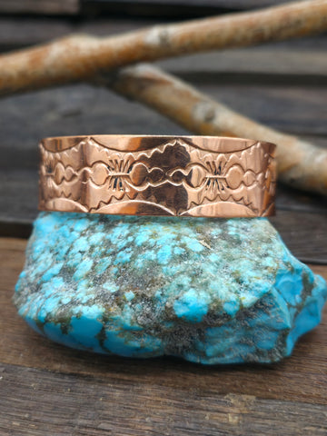 Copper Double Twist Cuff with Stamped Center by Elaine Tahe - 7 1/2 in. w/gap