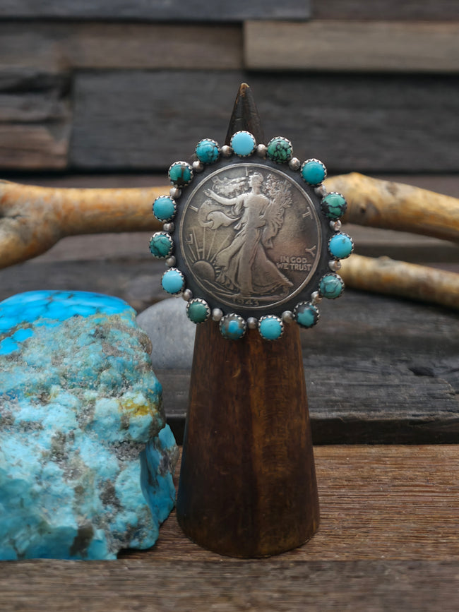 Liberty Half Dollar Coin Ring with Turquoise by Larry Archuleta - Size 9
