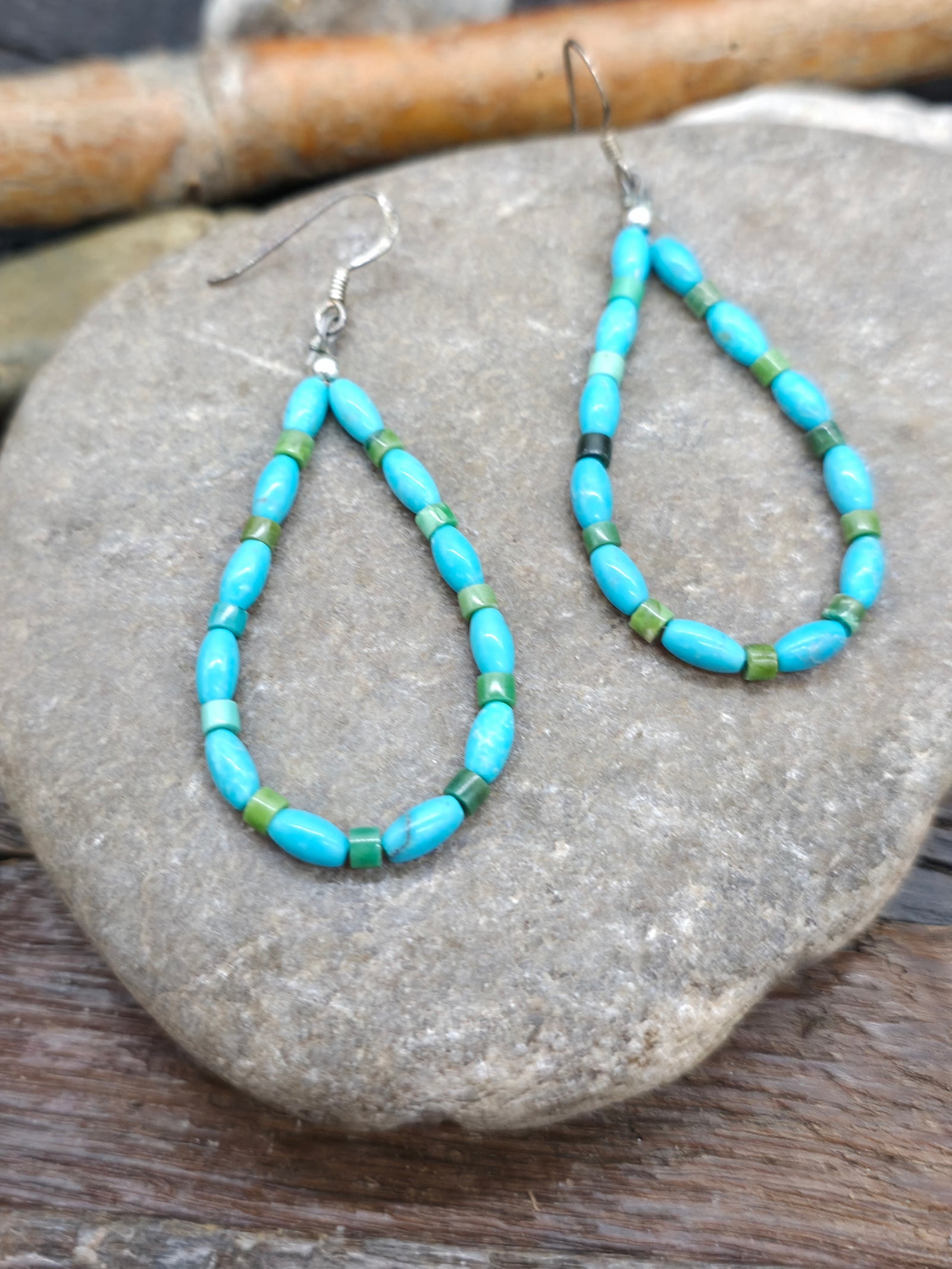 Small Turquoise Stone Barrel Bead and Heishi Earrings by Fred Archuleta
