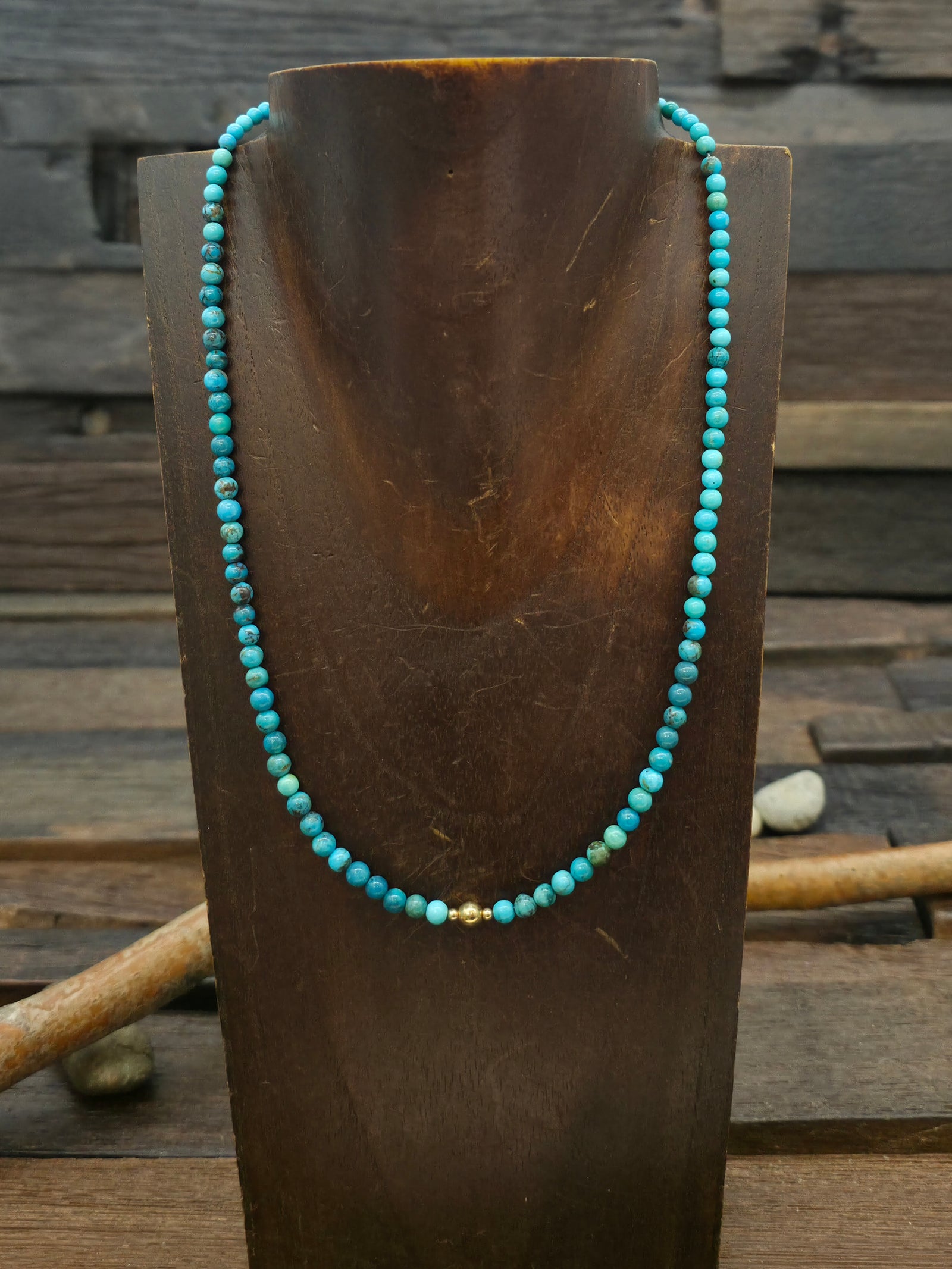 Turquoise Necklace with Three 14K Gold Beads - NON NATIVE MADE - 18 in.