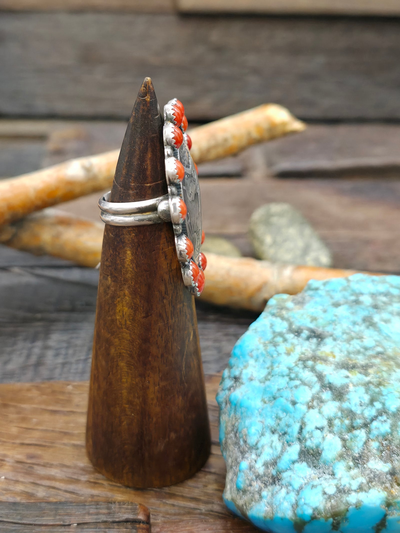 Liberty Half Dollar Coin Ring with Coral by Larry Archuleta - Size 6 1/2