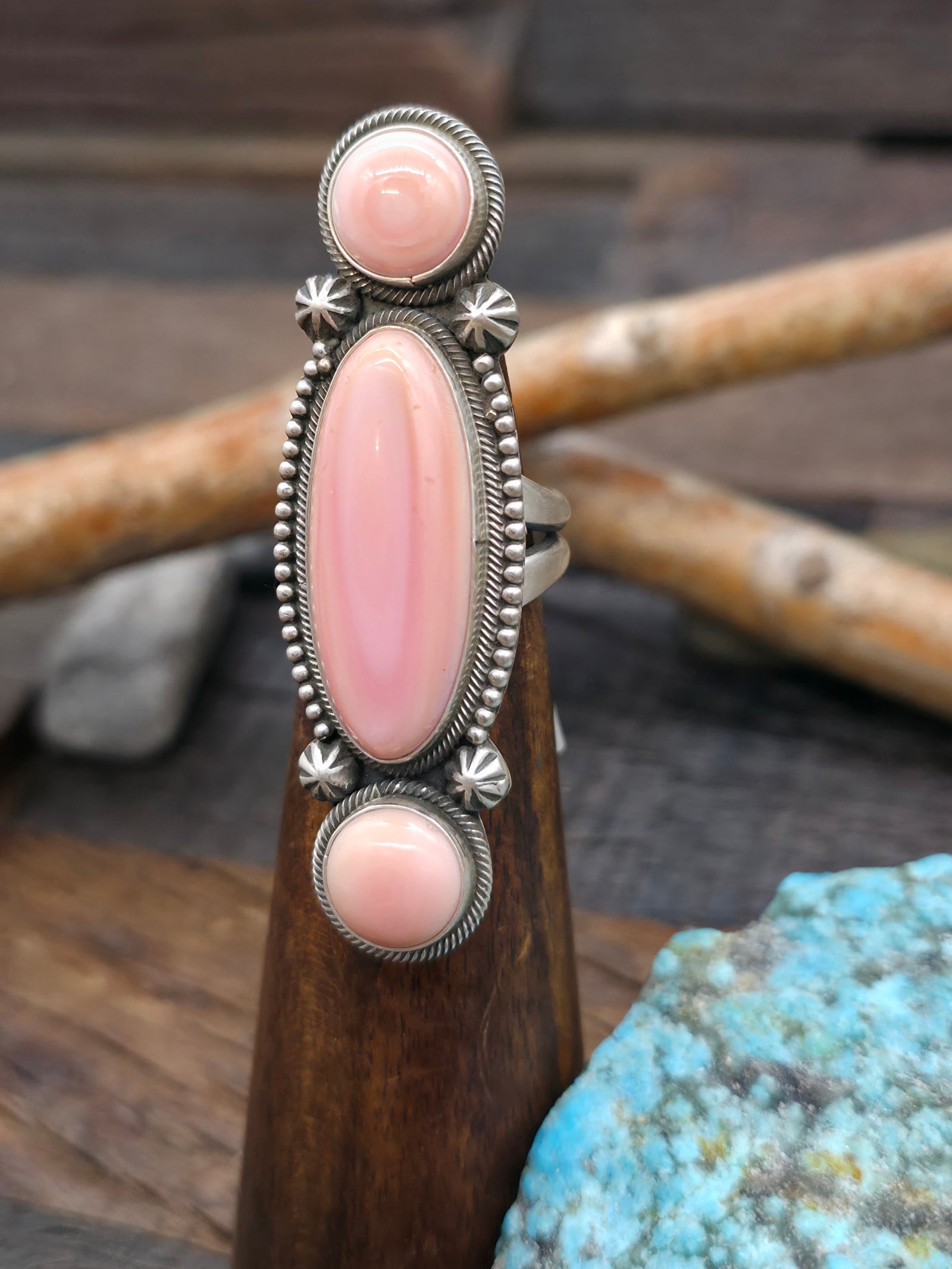 Pink Conch Sterling Silver Three Stone Ring by Freddie Maloney - Size 7