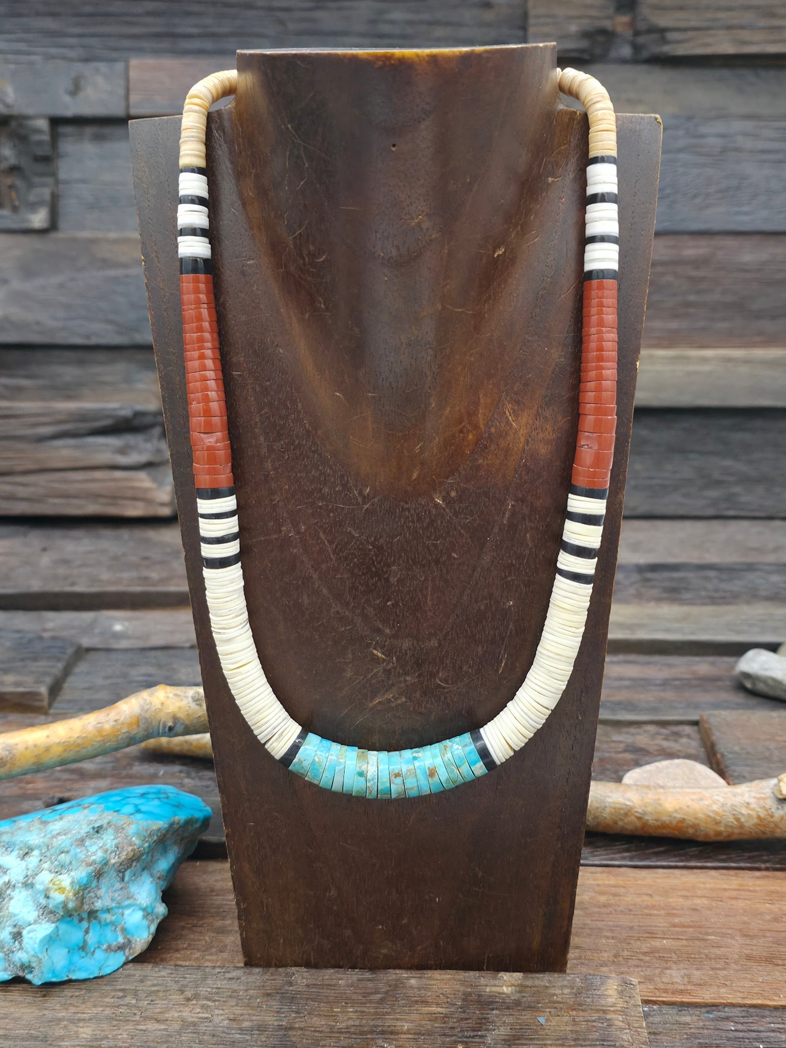 Graduated Heishi Necklace with Melon Shell, Pipestone, Turquoise, and Clam Shell by Torevia Crespin - 17 in.