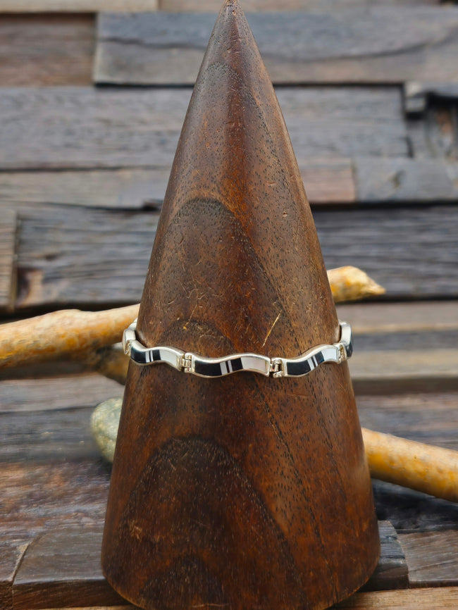Mother of Pearl and Onyx Sterling Silver Inlay Link Bracelet - 7 1/2 in.