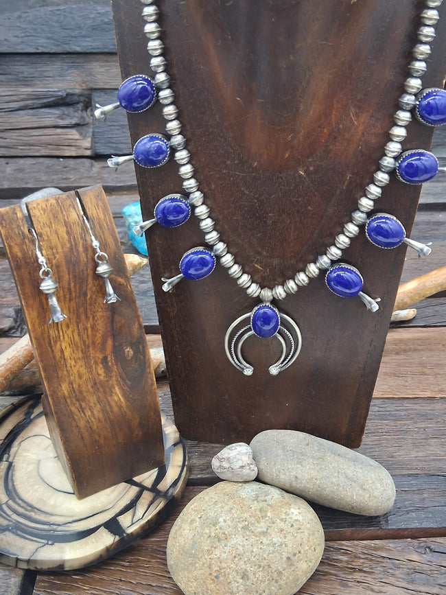 Lapis Silver Squash Blossom Necklace and Earrings Set by Phil Garcia