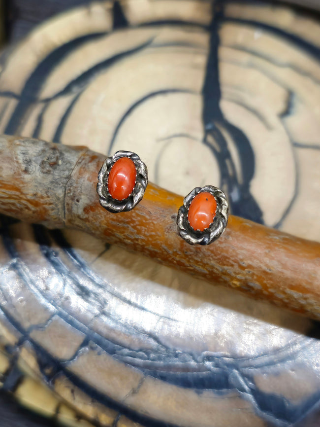 Vintage/Estate Sterling Silver and Coral Mini Post Earrings