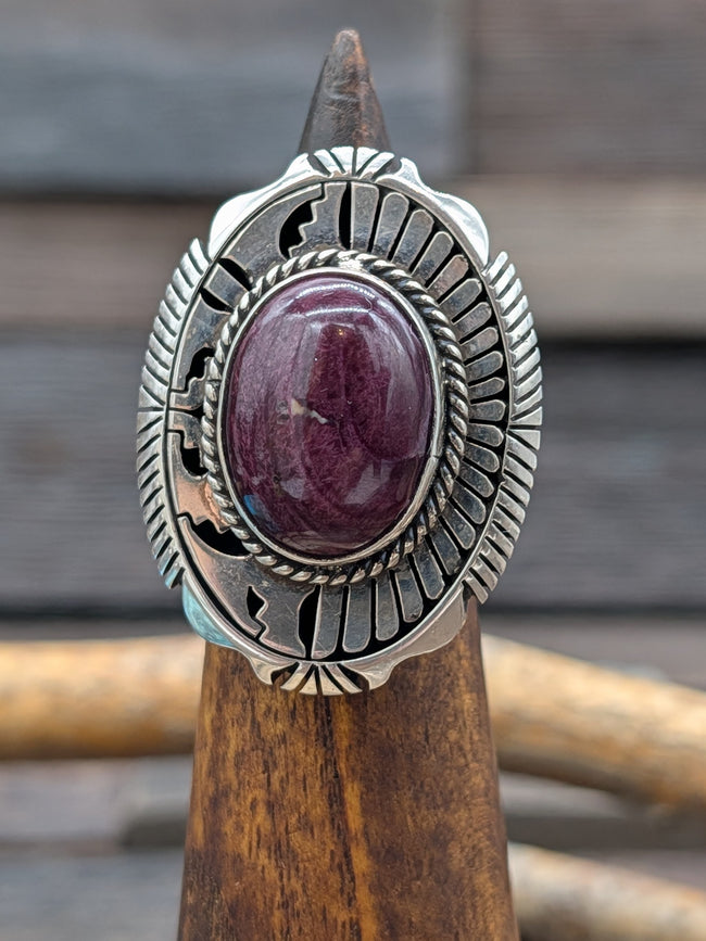 Purple Spiny Oyster and Sterling Silver Overlay Ring by Eugene Belone - Size 8