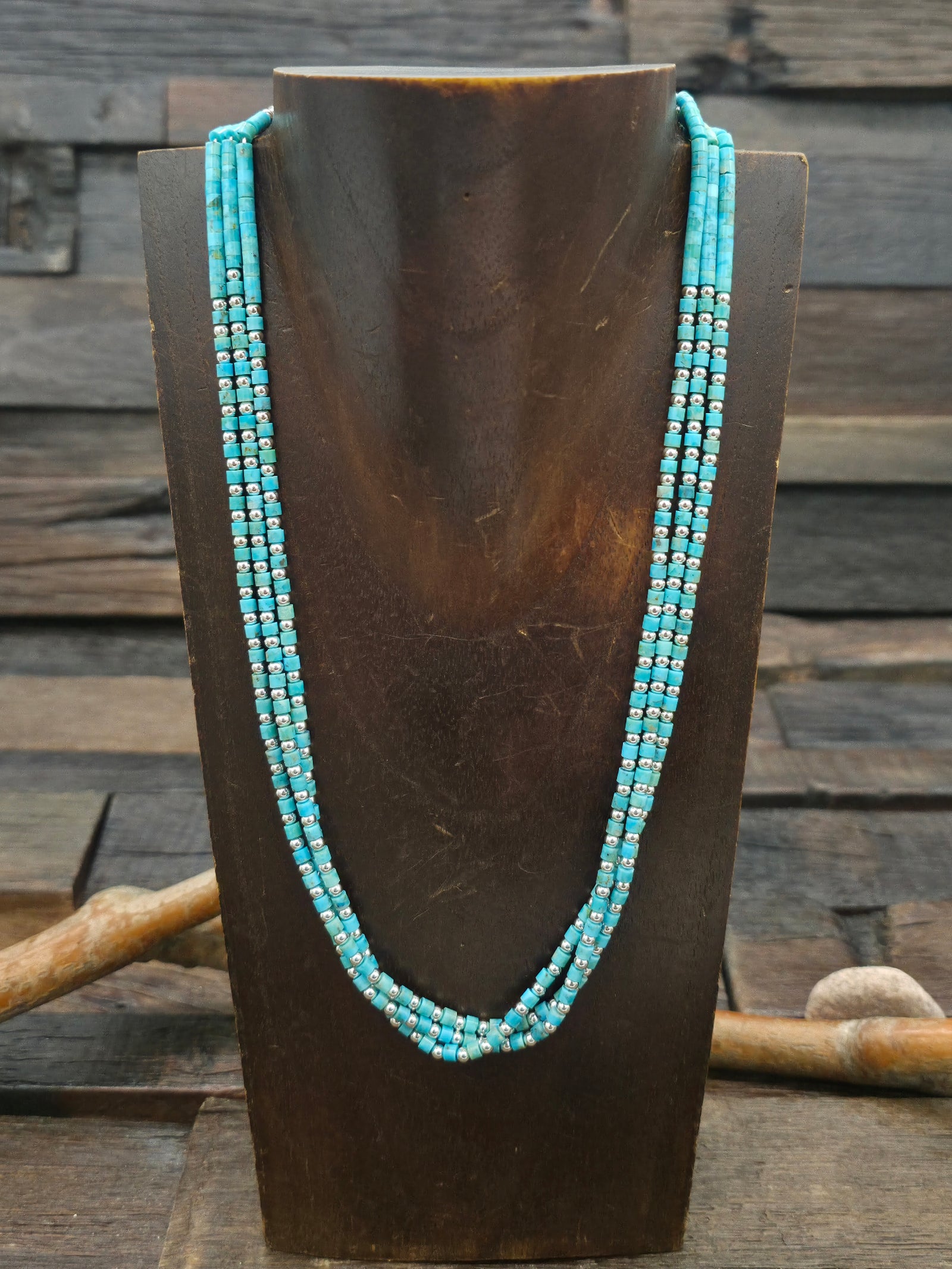 Three Strand Turquoise Heishi and Sterling Silver Bead Necklace - 18 in.