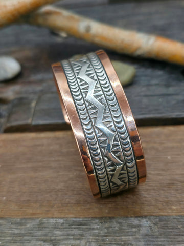 Stamped Sterling Silver and Turquoise Cuff by Sunshine Reeves - 6 1/4 in.
