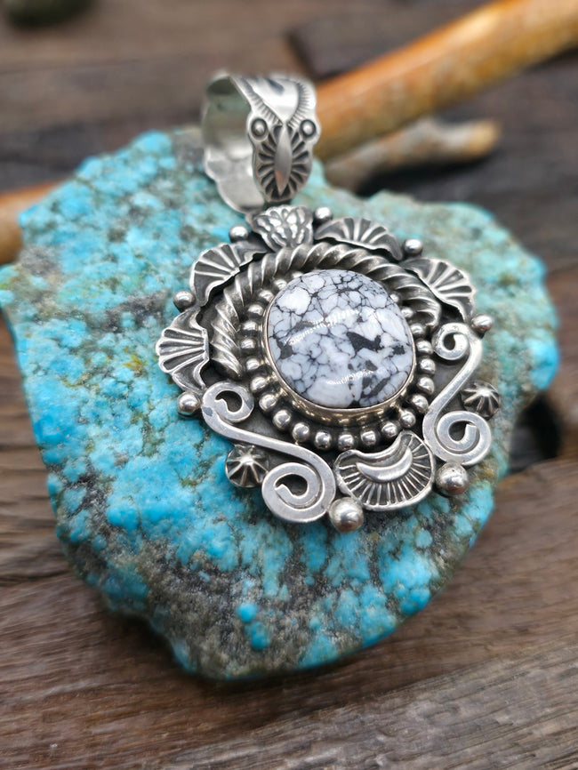 Stamped Sterling Silver and White Buffalo Pendant by Geneva Apachito - 2 1/2 in. by 1 1/2 in.