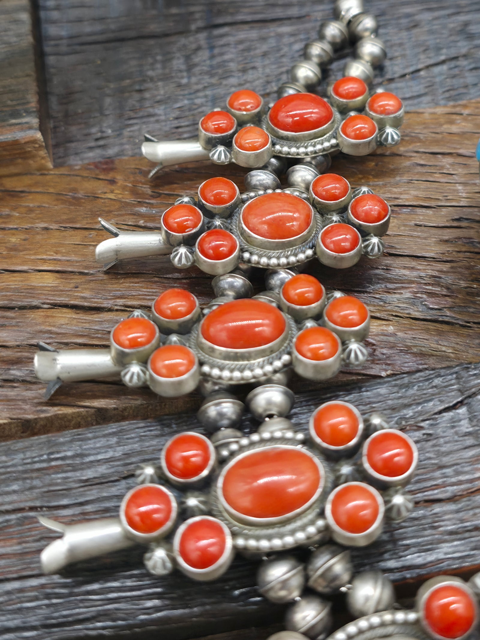 Sterling Silver Coral Squash Blossom Necklace and Earring Set by Freddy Maloney- 26 in.