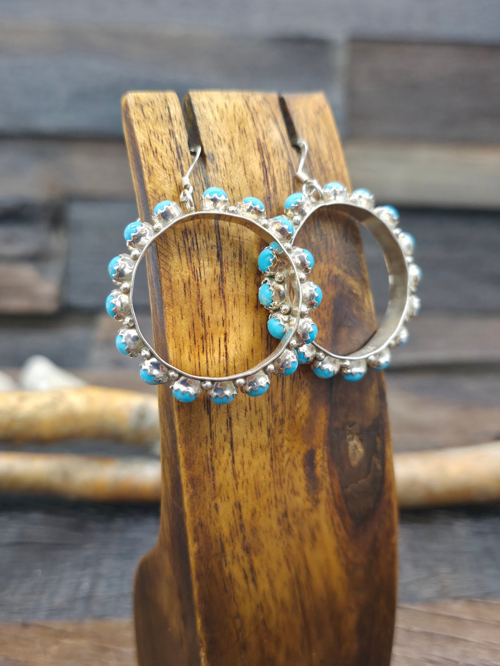 Sterling Silver Turquoise Hanging Hoop Earrings by Spencer - 2 in. by 1 1/4 in.
